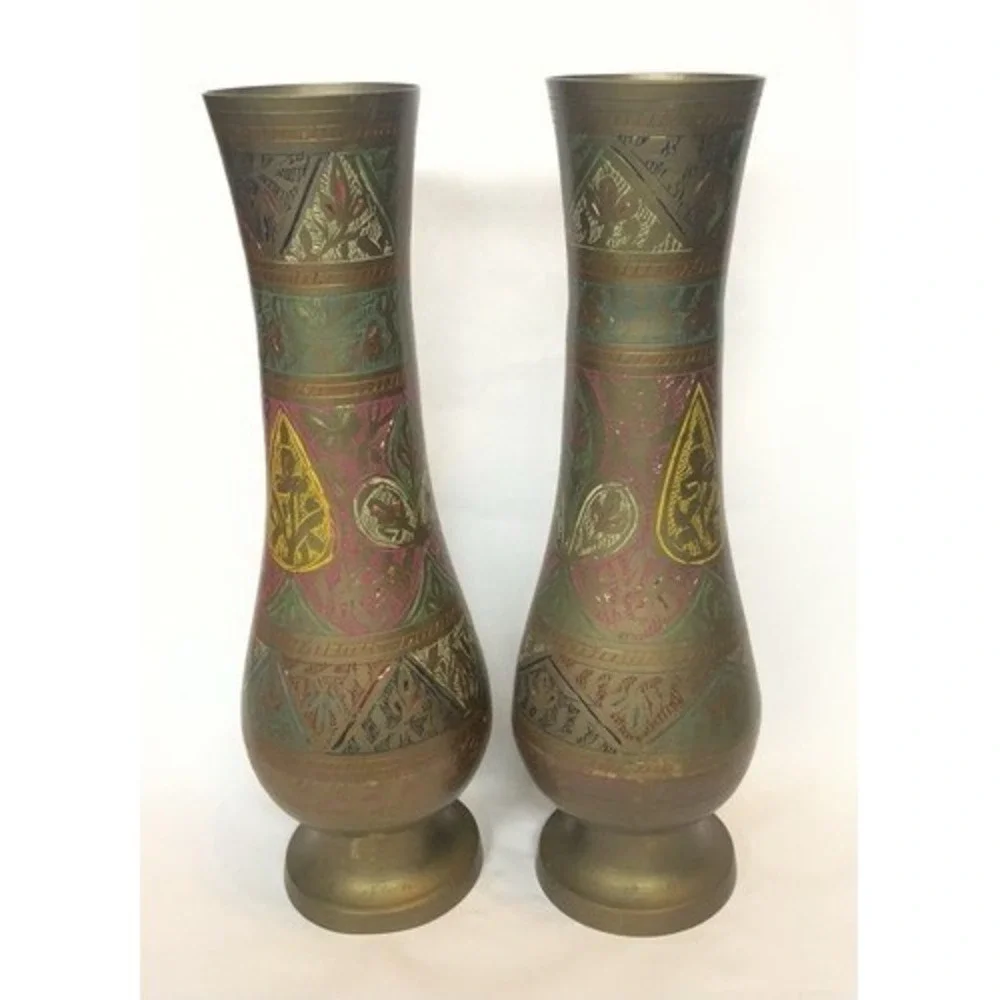 Vintage Set of 2 Brass Hand Etched Multicolored Flower Bud Vases 12